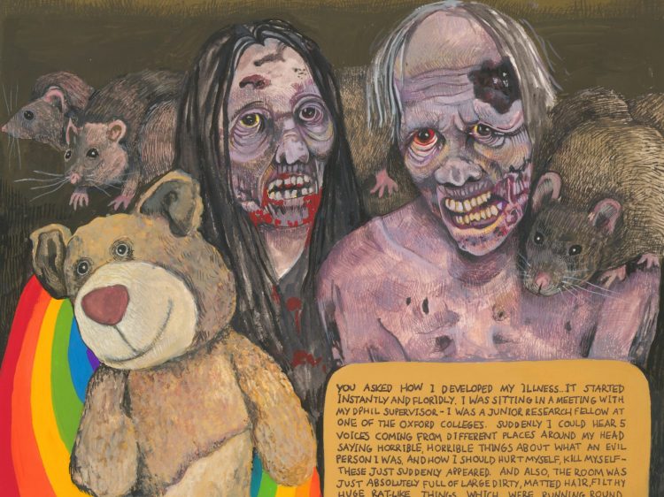A comic-like painted poster. It says Doctor Strange and has two zombies with three rats. Below is a rainbow with a teddy bear.