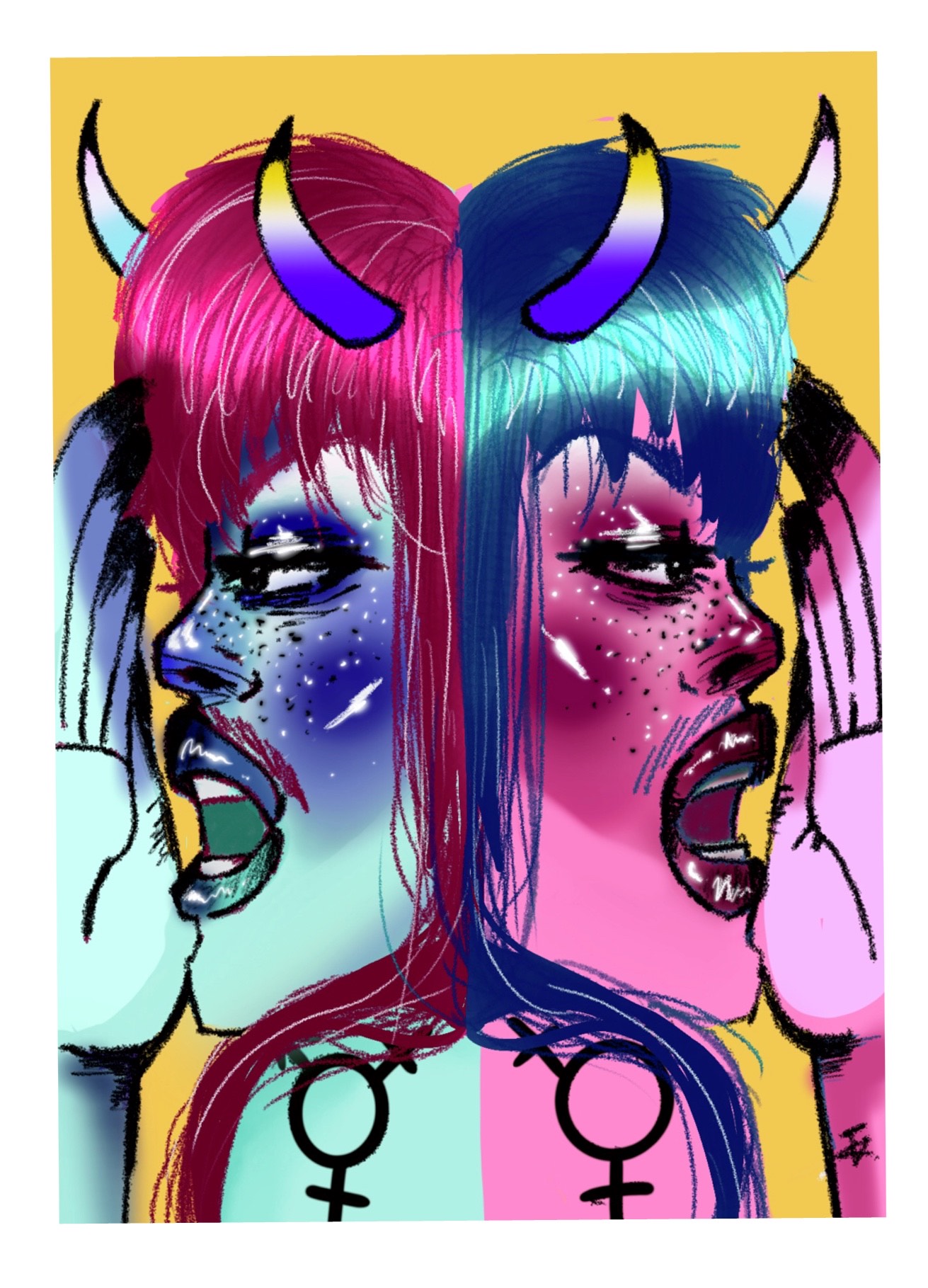 A yellow portrait postcard shows two figures, back to back. They have their hands to their mouths as if calling or shouting. The one on the left is blue with pink hair and the one on the right is pink with blue hair. Their hair is long with a voluminous fringe, almost forming a heart-shape together, and they each have a set of horns in nonbinary flag colours. They have shining cheekbones, lips and nose, freckles, dark eye make-up, a slight moustache and a trans symbol tattoo on their shoulders.