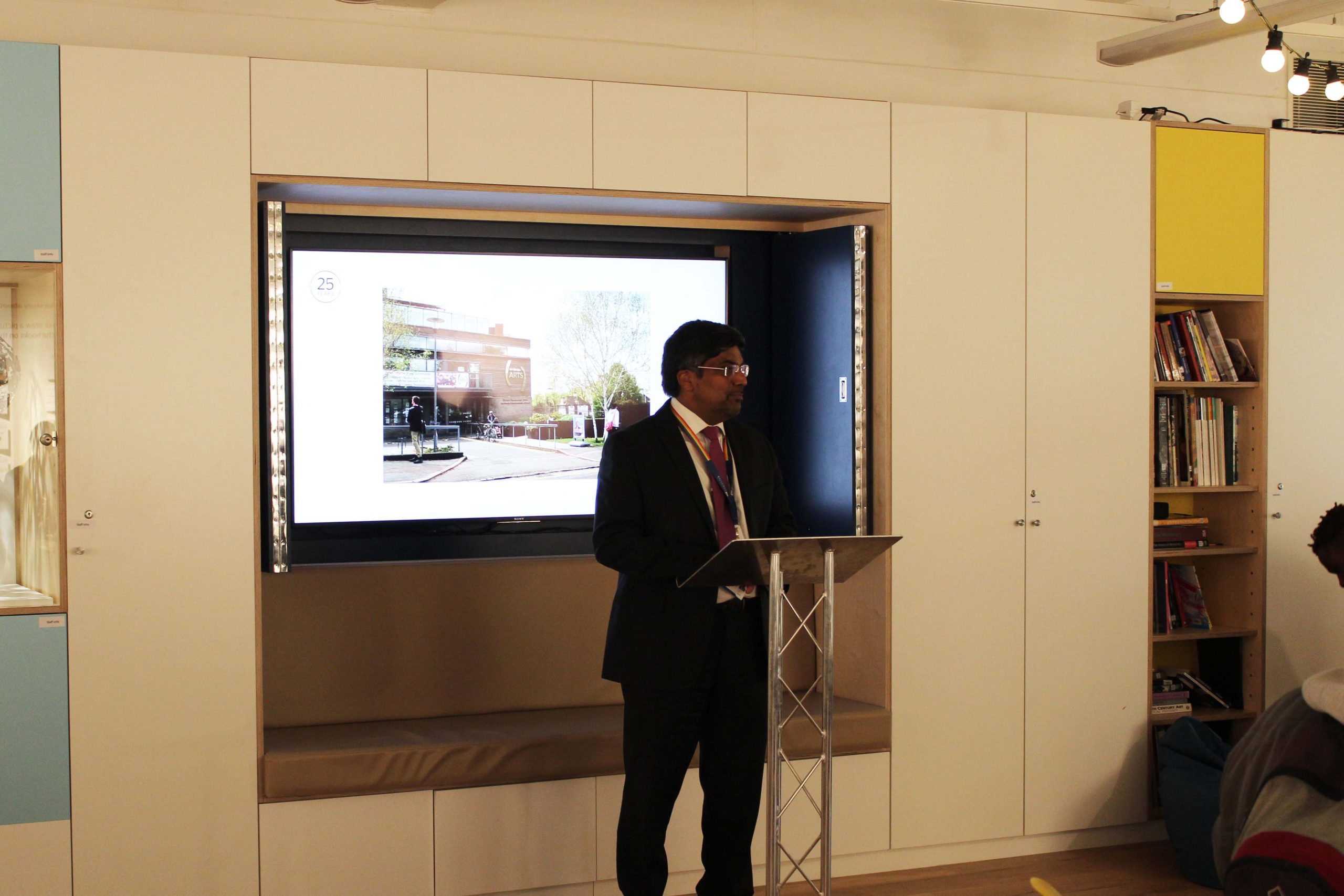 University of Leicester President and Vice-Chancellor Nishan Canagarajah giving a speech in the Salmon Gallery.