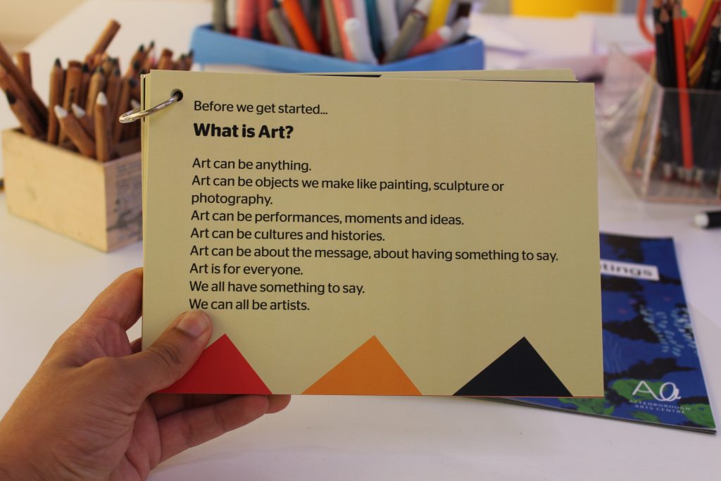 hand holding conversation card with the title "What Is Art?"