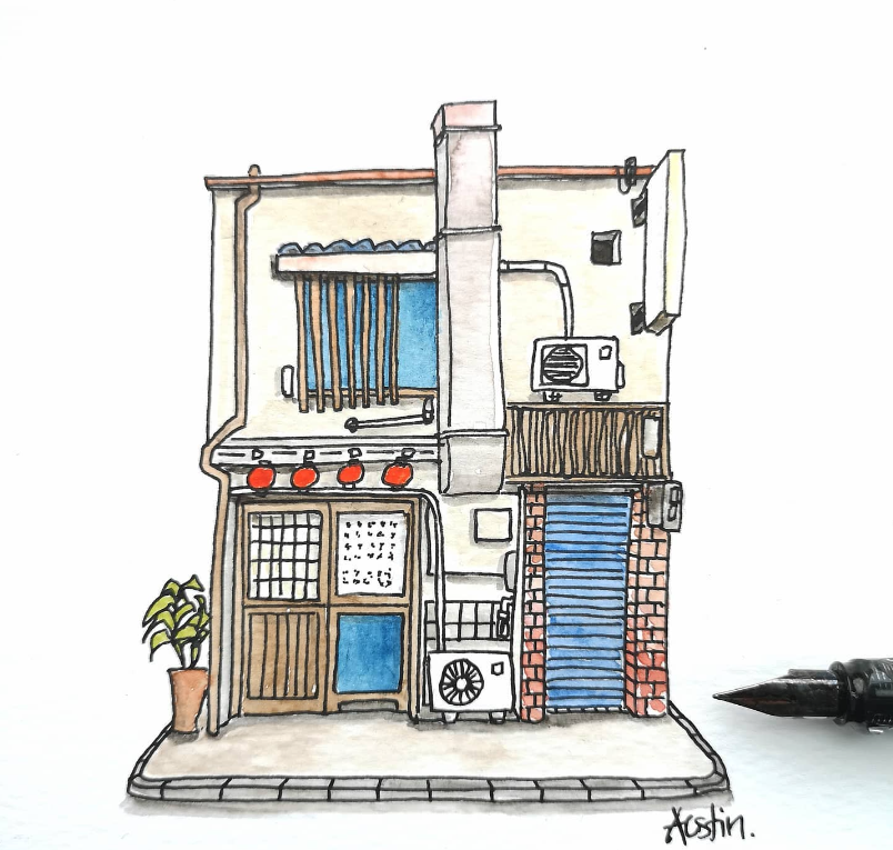 Drawing of a Japanese house with lanterns, industrial ducting and an AC box bolted on. The building sits on a pavement with a potted plant, sitting against a white background.
