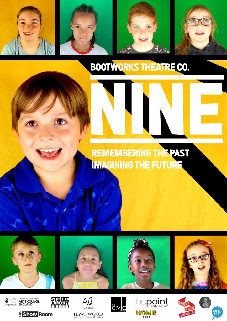 Poster featuring nine children with the title 'Bootworks theatre Co. The Leicester Nine'