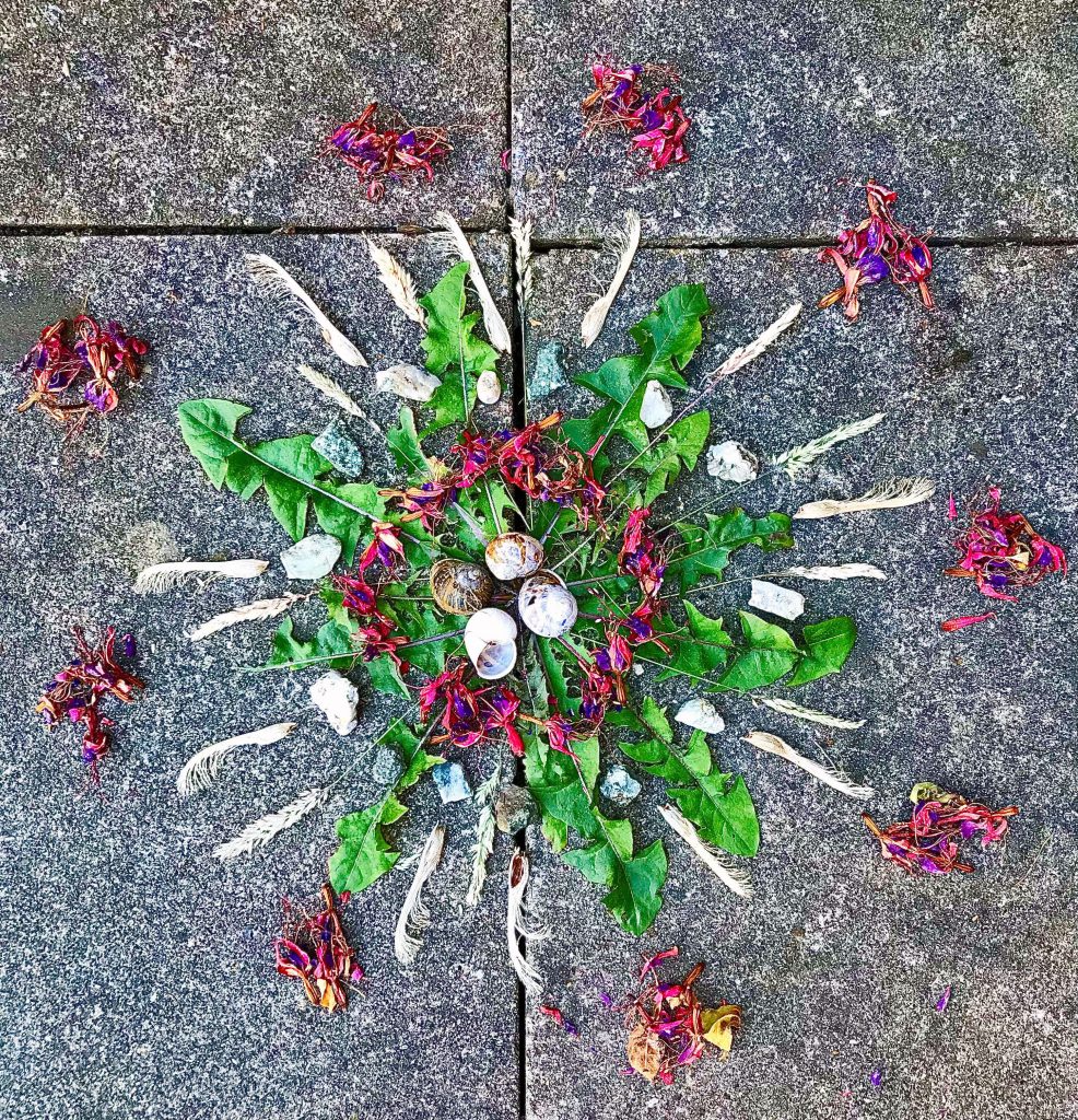 A garden mandala made with green leaves spread out in a circle around a centre point, the centre has 4 snail shells and a circle of petals. The outside has feathers layed out in a pattern following the circle of the centre as well as more pink petals at the very end of the mandala. This is placed on stone grey garden slabs. 