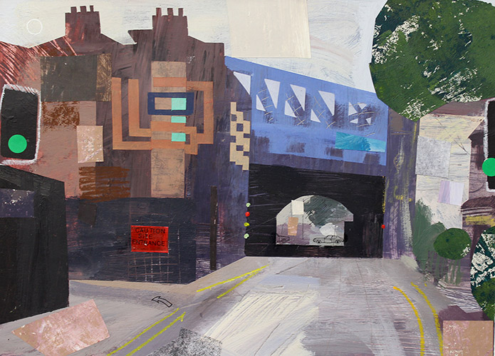 Mixed media atwork featuring a bridge at centre, traffic light to the left and a tree to right.