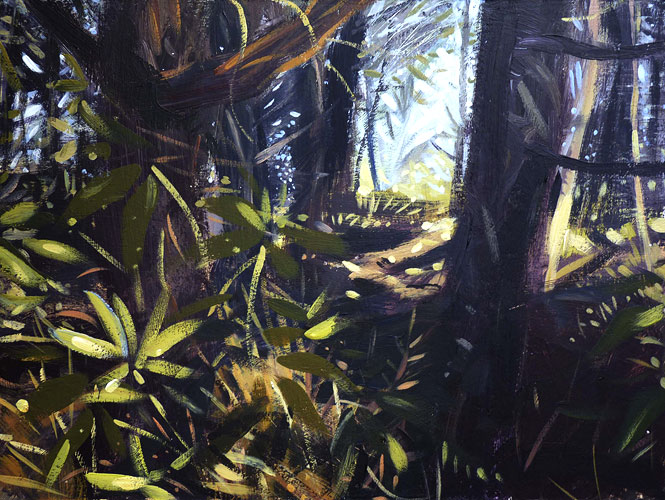 Painting of a leafy jungle, some of the leaves are highlighted in the foreground. tree trunks rise from the leaves. 
