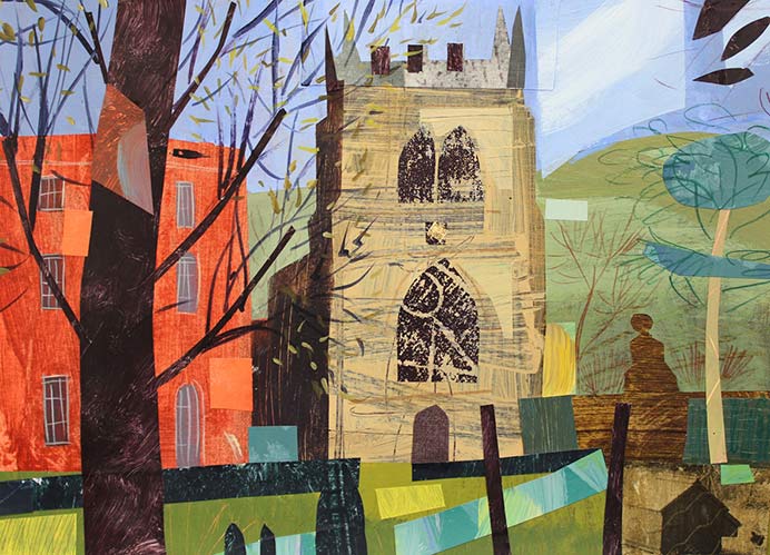Mixed media artwork featuring a cathedral at the centre, a tree to the left and an orange building behind this.