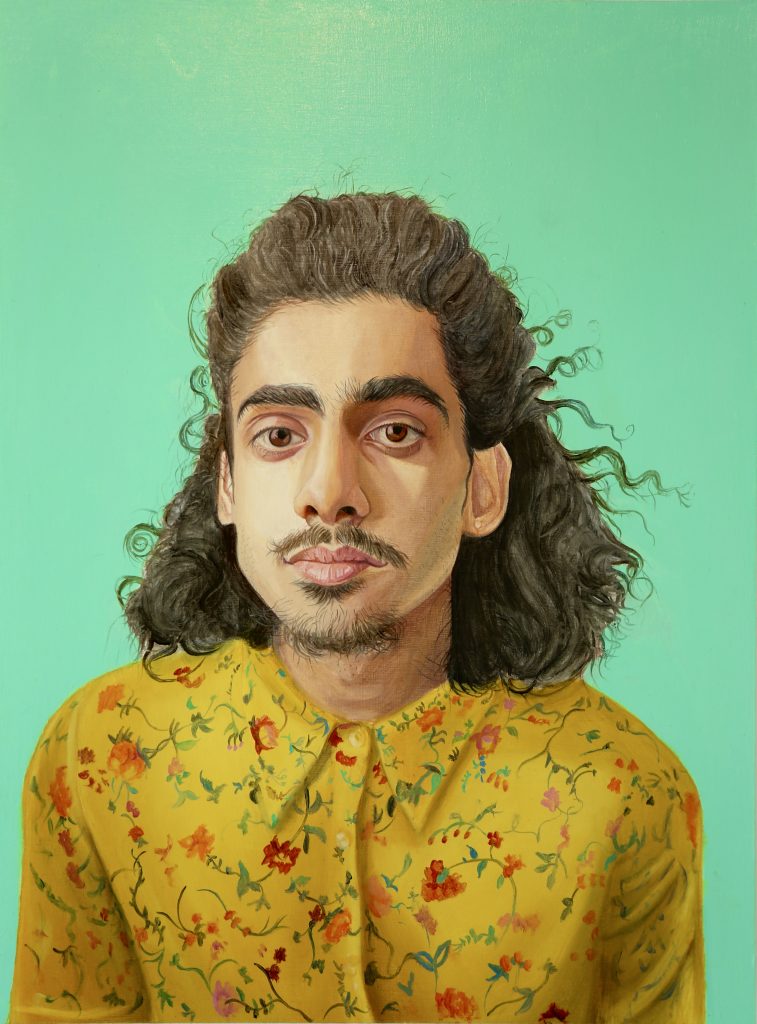 Painting of a man against a greenscreen green background. The man is wearing a yellow shirt with a re and green floral pattern. He has long, wavy hair. 