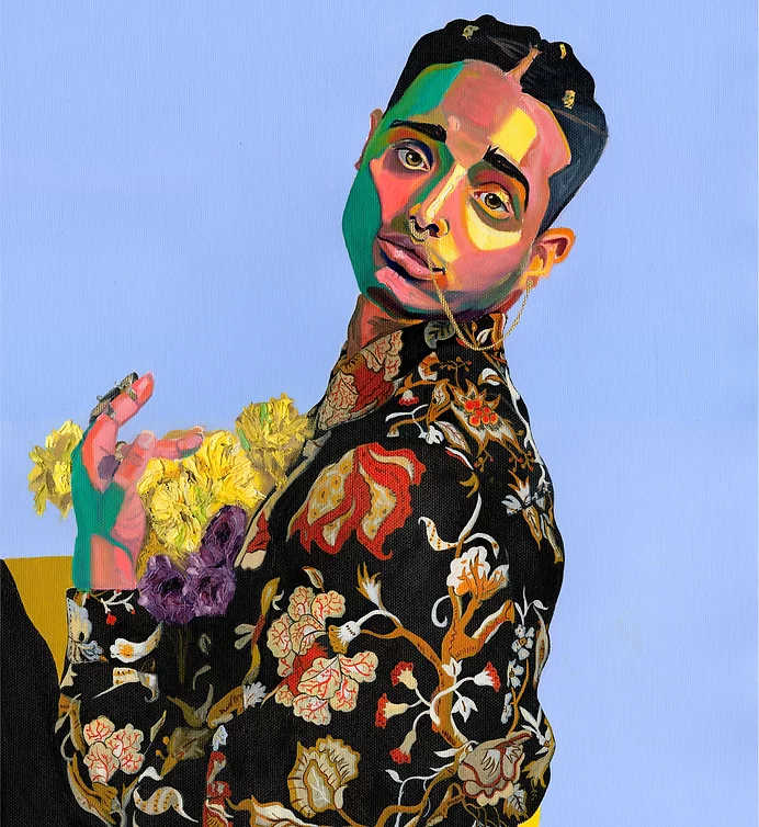 Painting of a person against a mid-blue background. They are wearing a dark black floral shirt and holding yellow flowers.