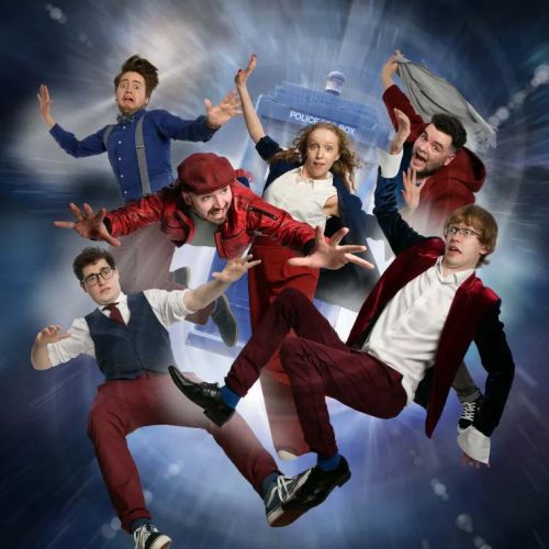 A group of people falling comically through space and time with the tardis behind them.