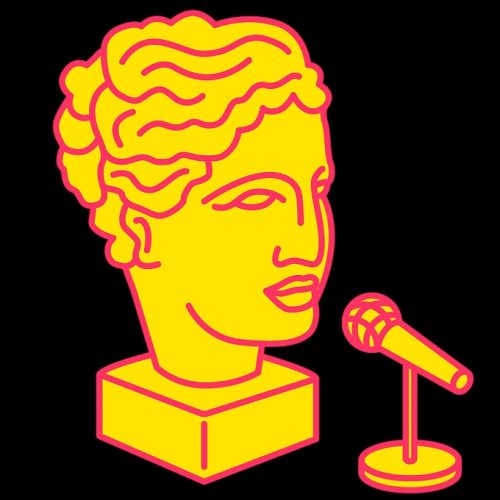A yellow drawing of a sculpted head speaking into a microphone.