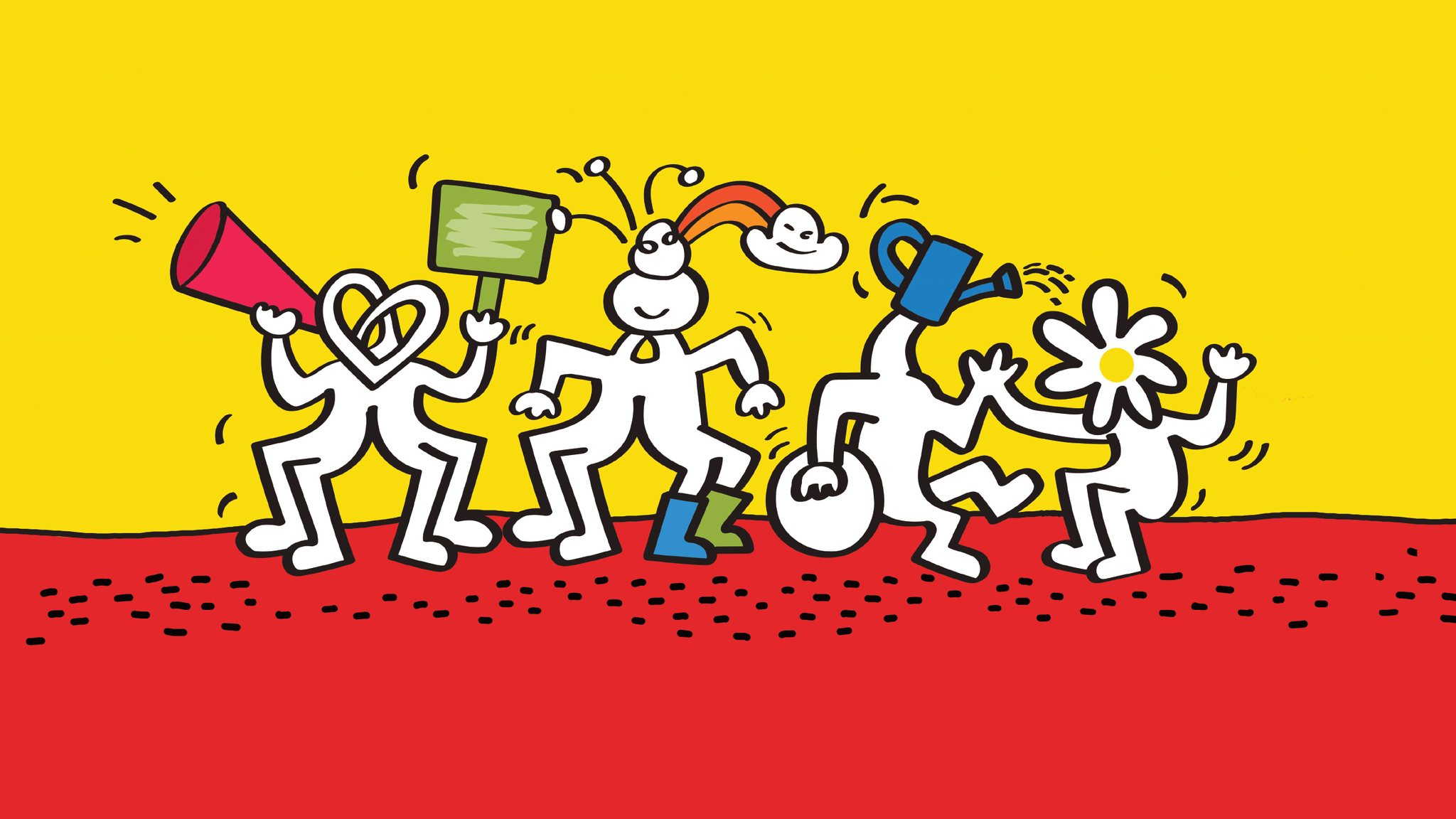 Keith Haring inspired figures dancing on a red floor with a yellow sky.