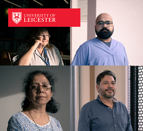 Four portraits of University of Leicester staff and students. At the top is a University Logo.
