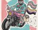 A person in a helmet on a motorbike, decked out with trans pride flags, non-binary flags and the trans symbol, with the text Rebel With A Cause.