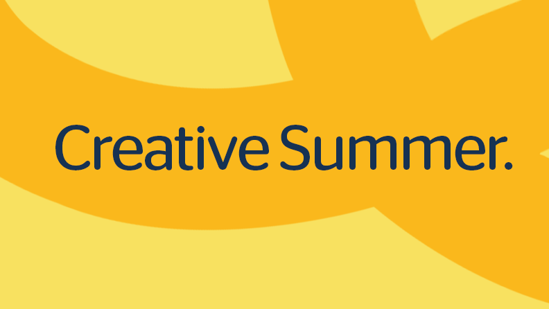 A yellow background with an orange curved line going across the image. In the middle says 'Creative Summer'.