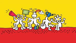 Keith Haring inspired figures dancing on a red floor with a yellow sky. The characters are white and are dancing with speakers, rainbows, flowers and watering cans.
