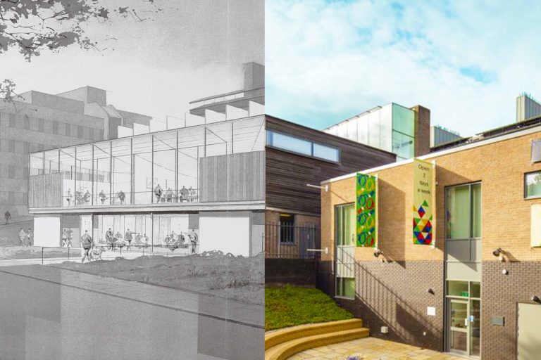 A pencil drawing of Attenborough Arts Centre before it was built next to a photo of it today.