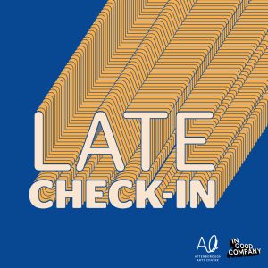 The words 'Late Check-in' against a blue background, with layers of yellow in the shape of the words trailing into the top-right corner.