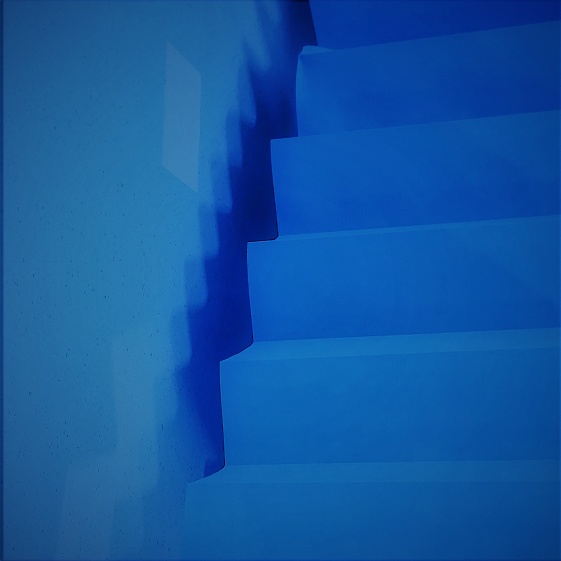 A staircase leading up to the right corner, with a blue tint.
