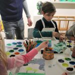 Children and adults around a table covered in paints and paintbrushes, making art on paper.