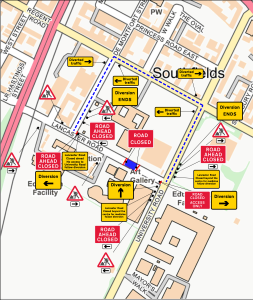 A simple map of Lancaster Road and its surrounding roads and buildings, showing the road closure in front of Attenborough Arts Centre.