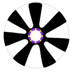 A circle on a white background with black stripes coming out of a smaller purple and yellow circle in the centre.