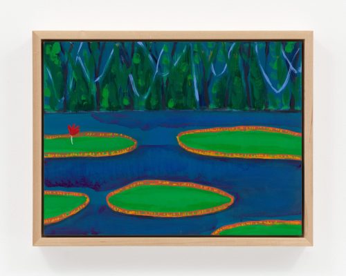 A colourful and bright painting of five lily pads floating on water, with abstract trees painted in the background.