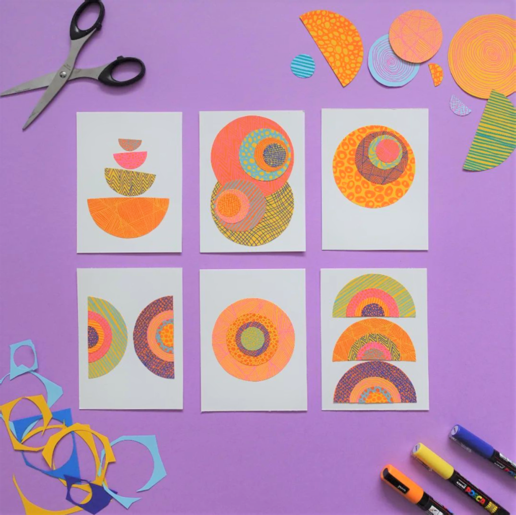 A set of six plane cards with various paper shapes with patterns and lines drawn on them. Paper trimmings, scissors and pens are laid out around the cards.