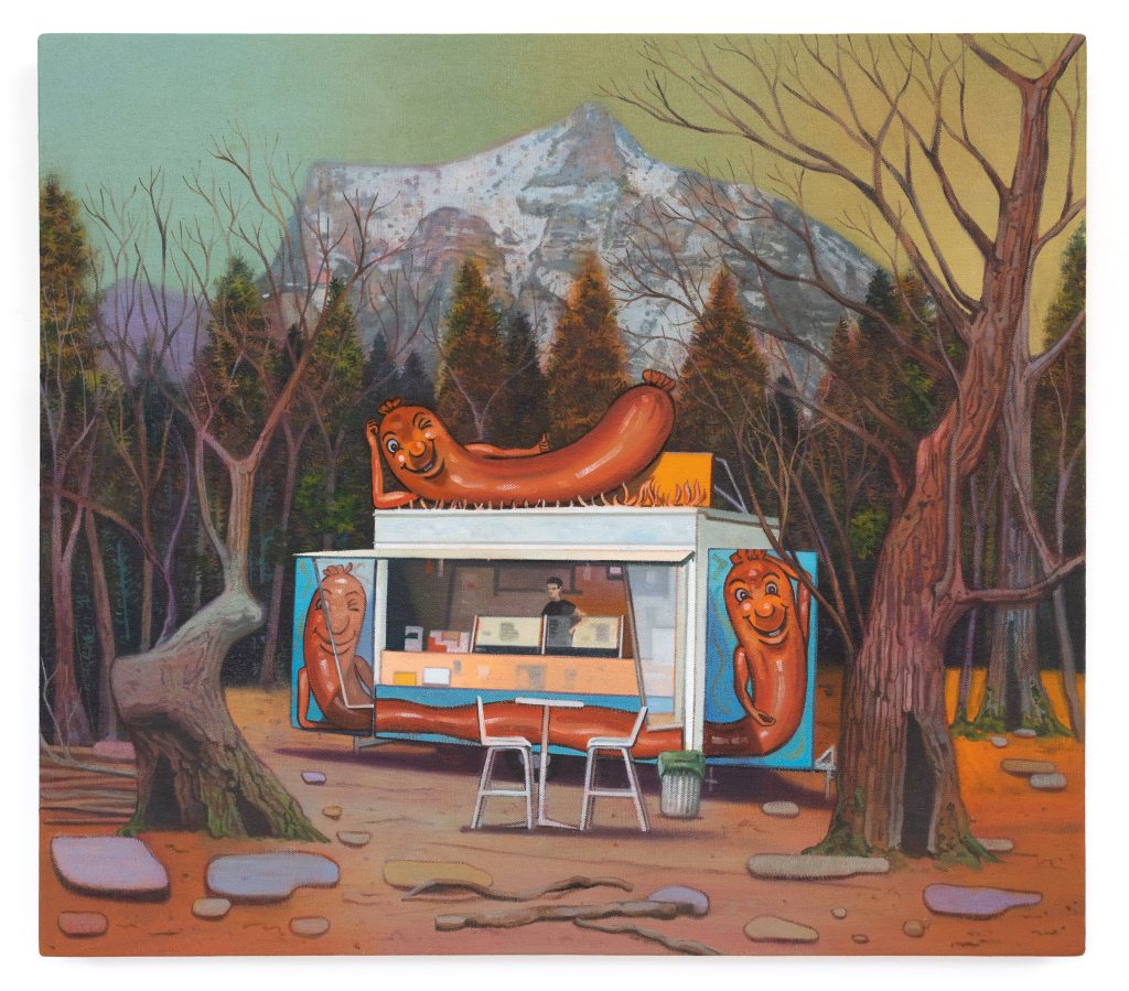 Artwork painting of a mountain range foregrounded by a winking sausageon top of a hotdog van.