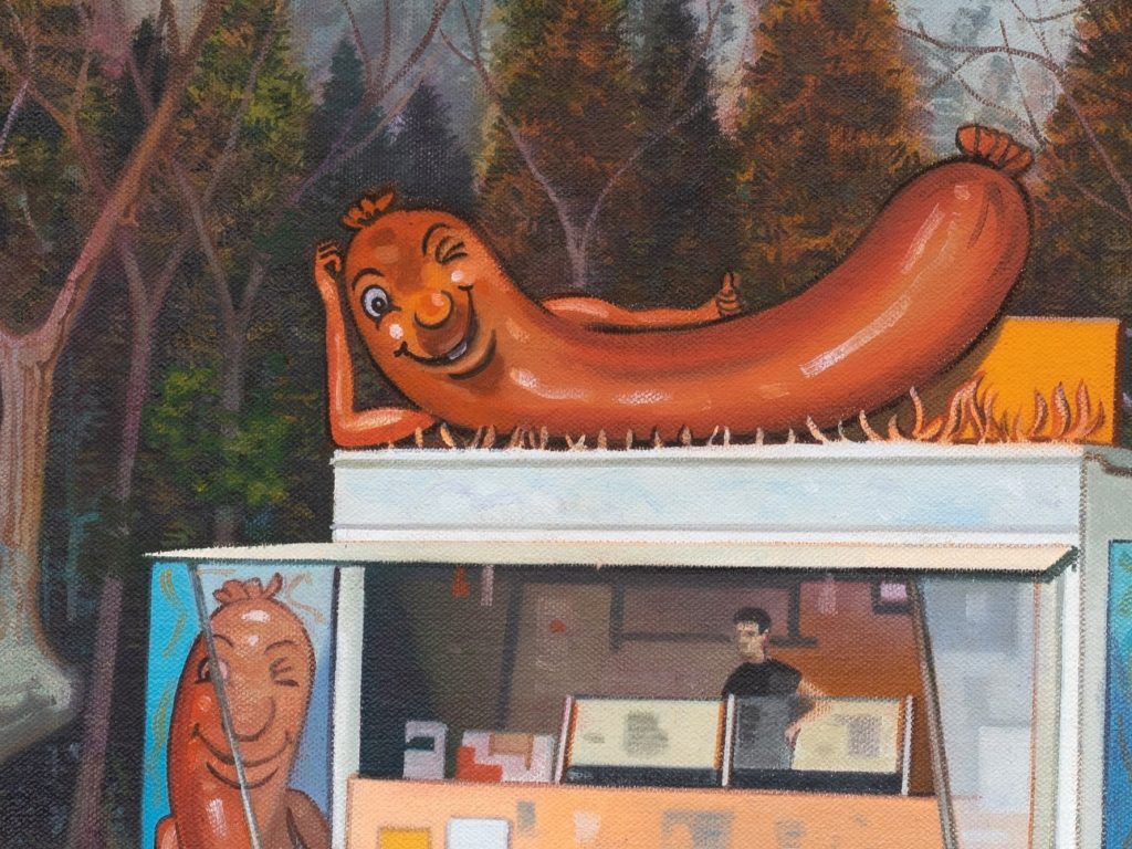 An oil on canvas painting of a mountain range foregrounded by a winking sausage on top of a hotdog van.
