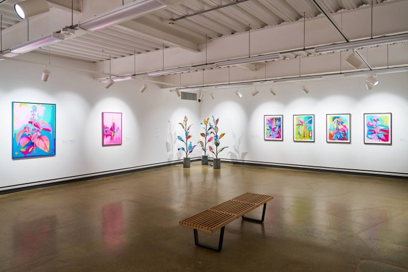 A large white gallery with colourful paintings on the wall and glass flower sculptures in the corner.