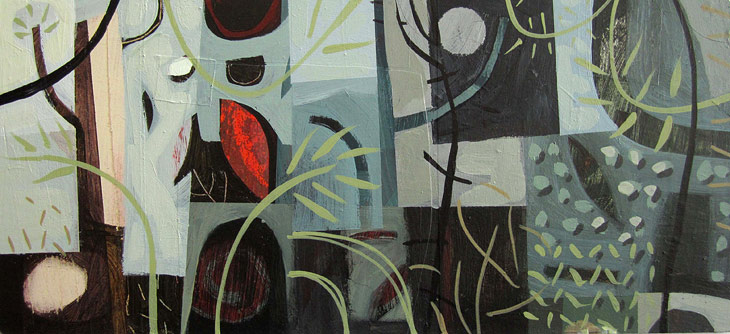 An abstract grey and brown painting that utilises layering with geometric and organic shapes.