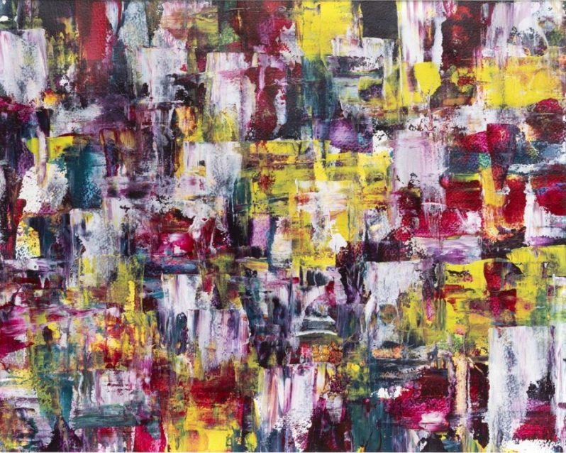 A colourful abstract painting that utilises layering and textures.