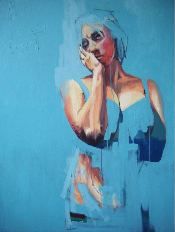 A painting of a women holding her face and looking to the side while parts of her are covered in blue that fade into the background.