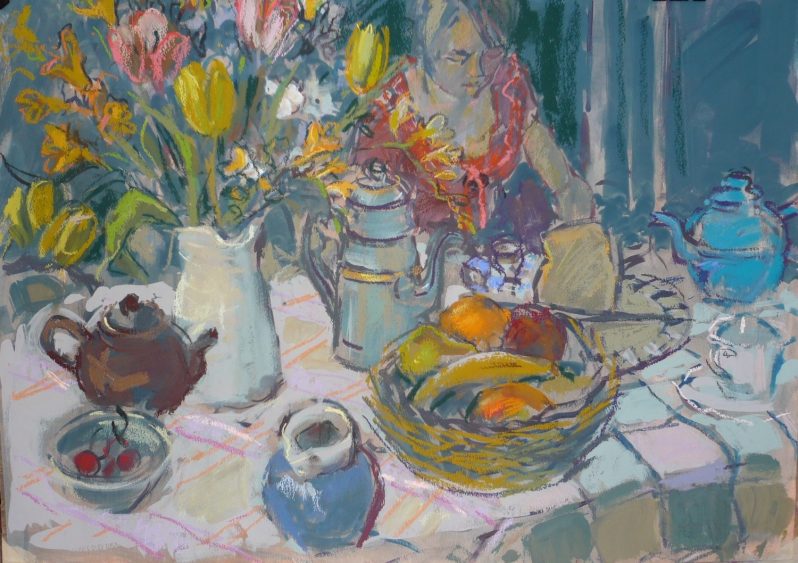 A stylistic painting of a women at a table with fruits, flowers and various teapots.