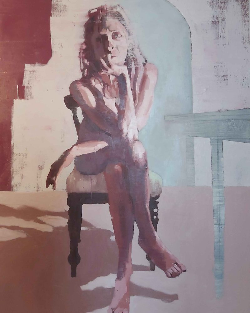 A painting of a women sitting on a chair holding her head in her hands, looking at the camera and crossing her legs.