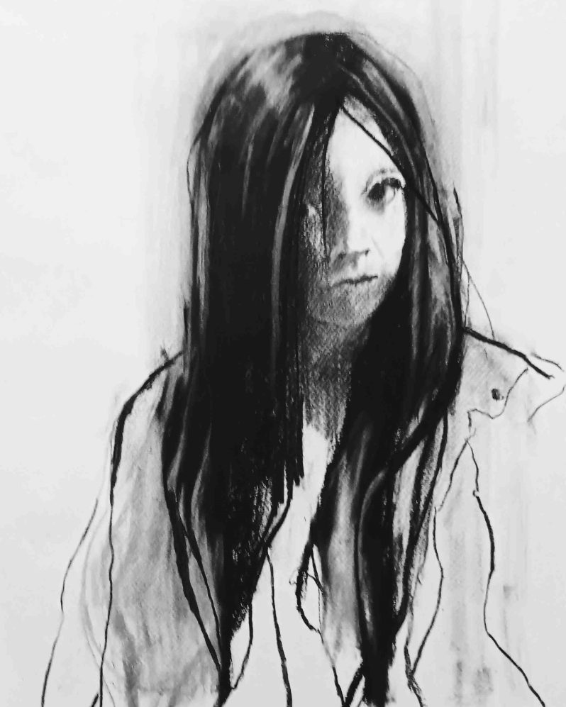 A charcoal picture of a young girl with dark hair looking at the drawer.