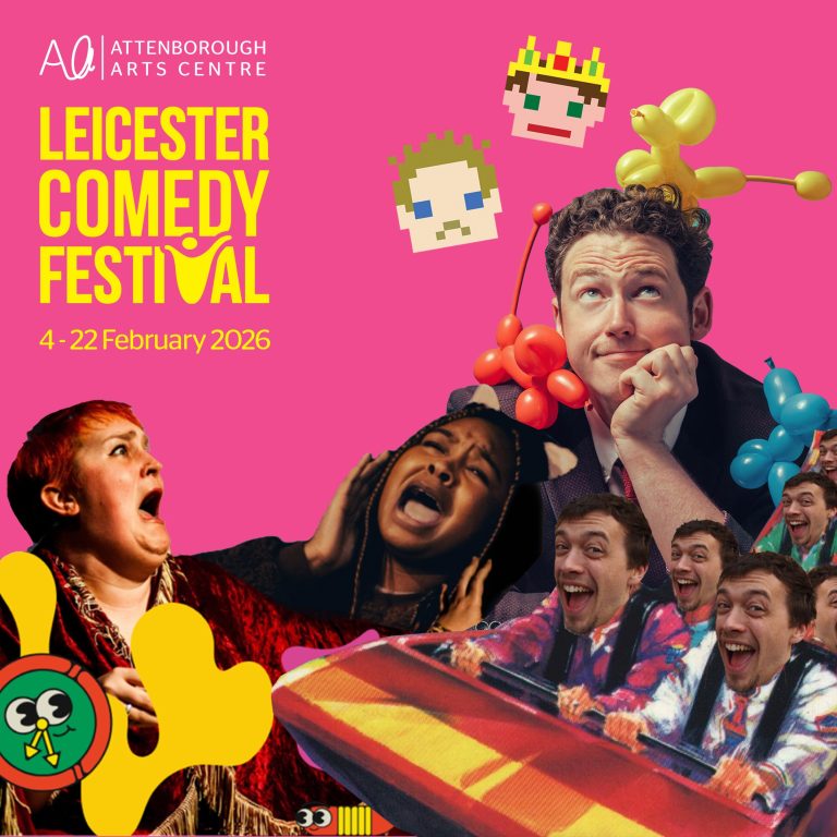 A yellow logo in the top left corner saying 'Leicester Comedy Festival' on a pink background. Surrounding it is a collection of people and graphics making silly faces and it humorous positions.