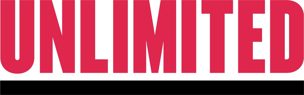 Unlimited logo in all capitals, hot pink with a black bold underline.