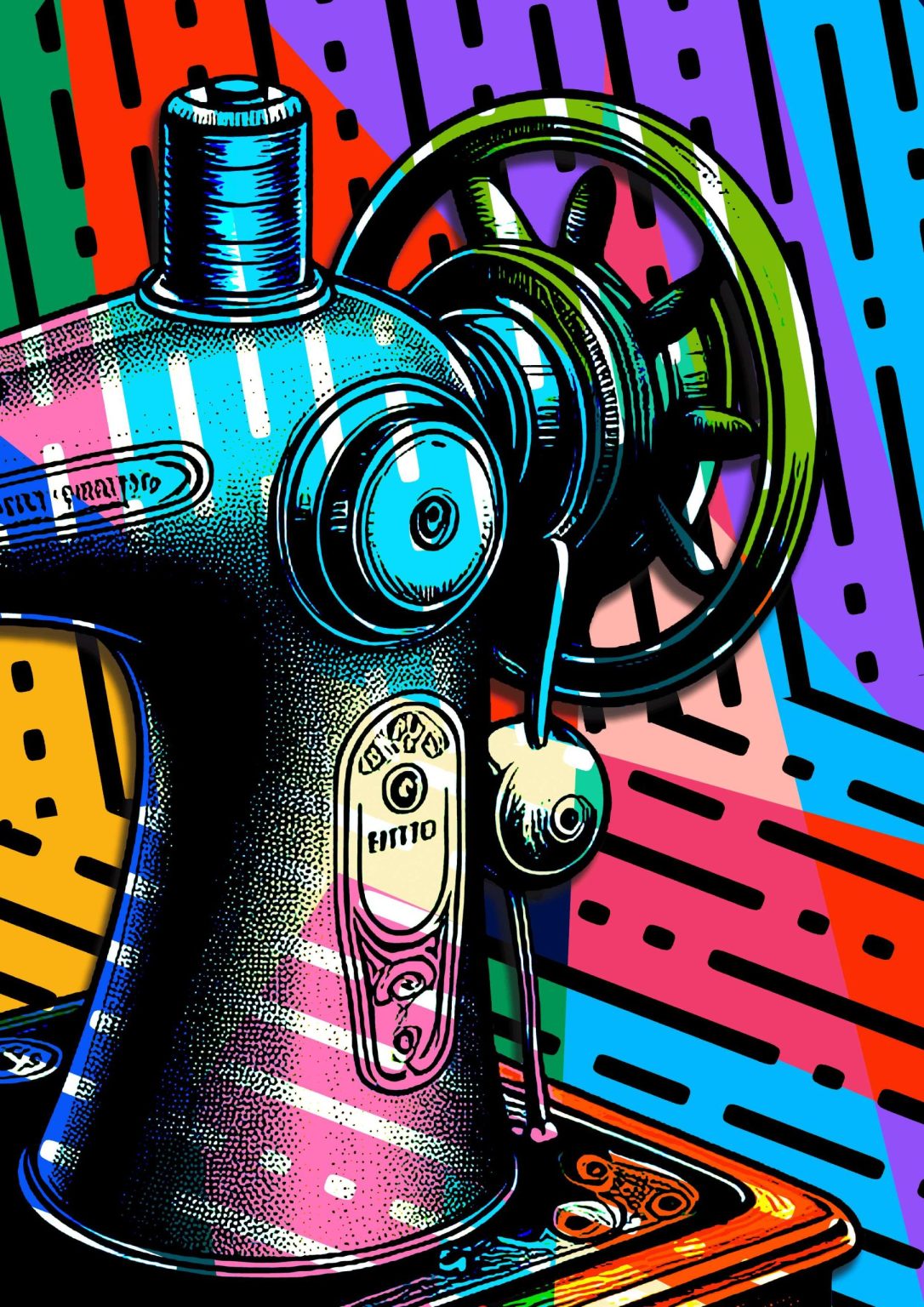 A stylised drawing of an antique sewing machine with bright graphic colours and lines throughout the whole artwork.