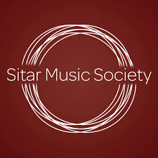 Multiple white circles overlapping each other on a dark red background with 'Sitar Music Society' overlaid.