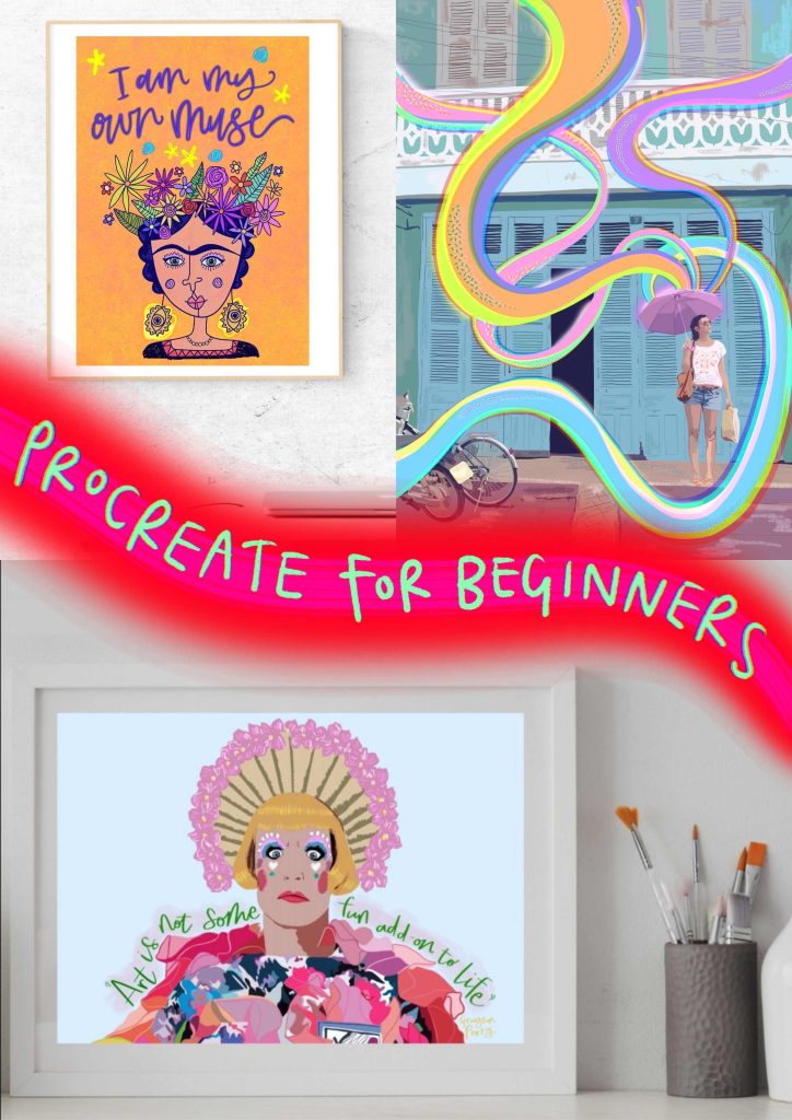 A collection of colourful, stylised digital drawings on a collage.