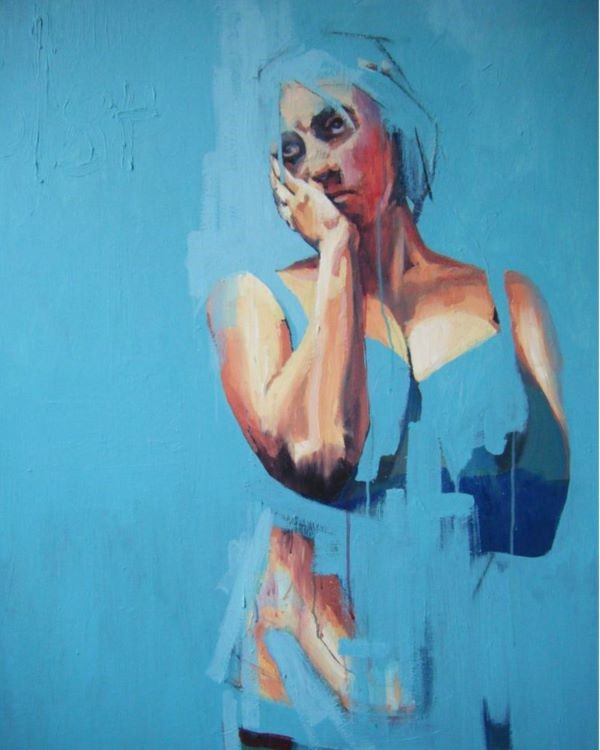 A blue background with a stylised women holding her face, painted in oils.