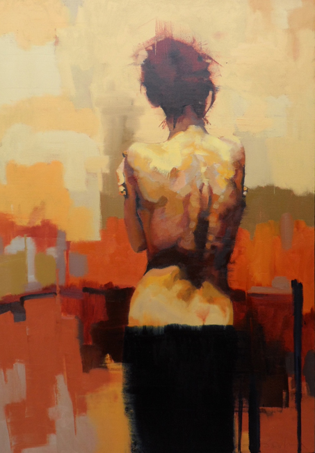 The back of a naked woman painted in reds, yellows and browns.