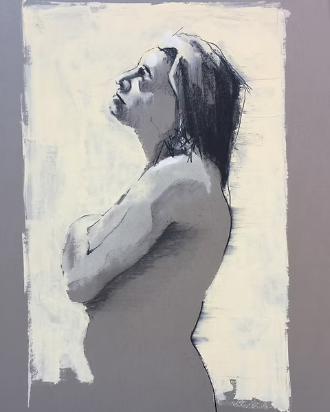 A black and white drawing of a naked woman holding her chest and looking upwards.