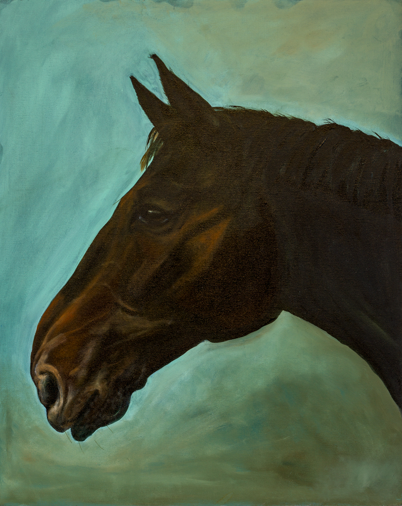 An oil painting of the side of a horses face.
