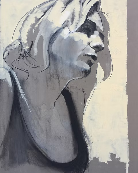 A pastel drawing of a woman's face in black and white.