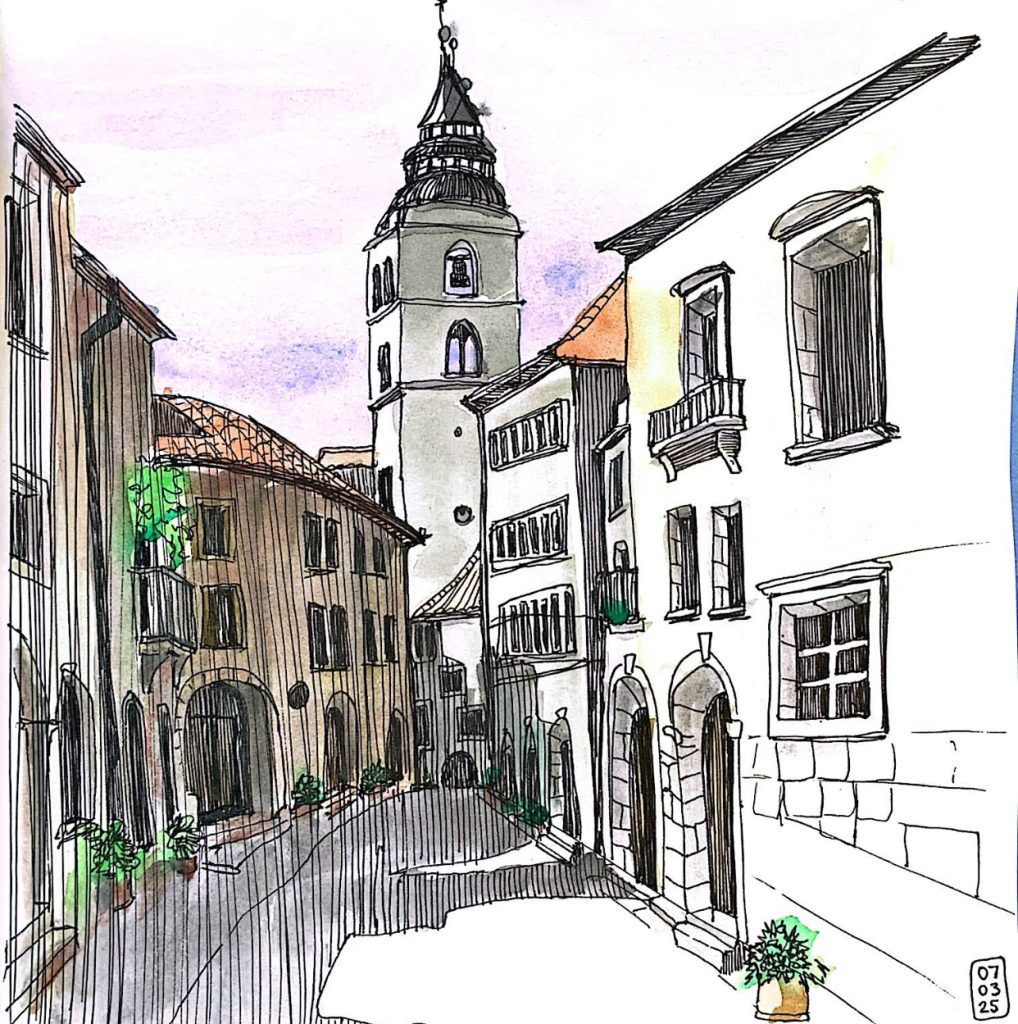 A sketchy drawing of a old-fashioned street with ink colourings.