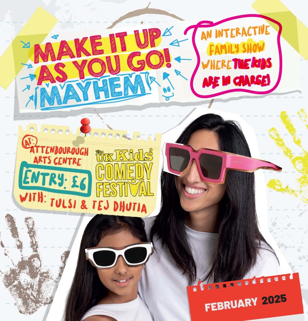 A young girl and woman smiling together, with cartoon sunglasses surrounded by colourful graphics.