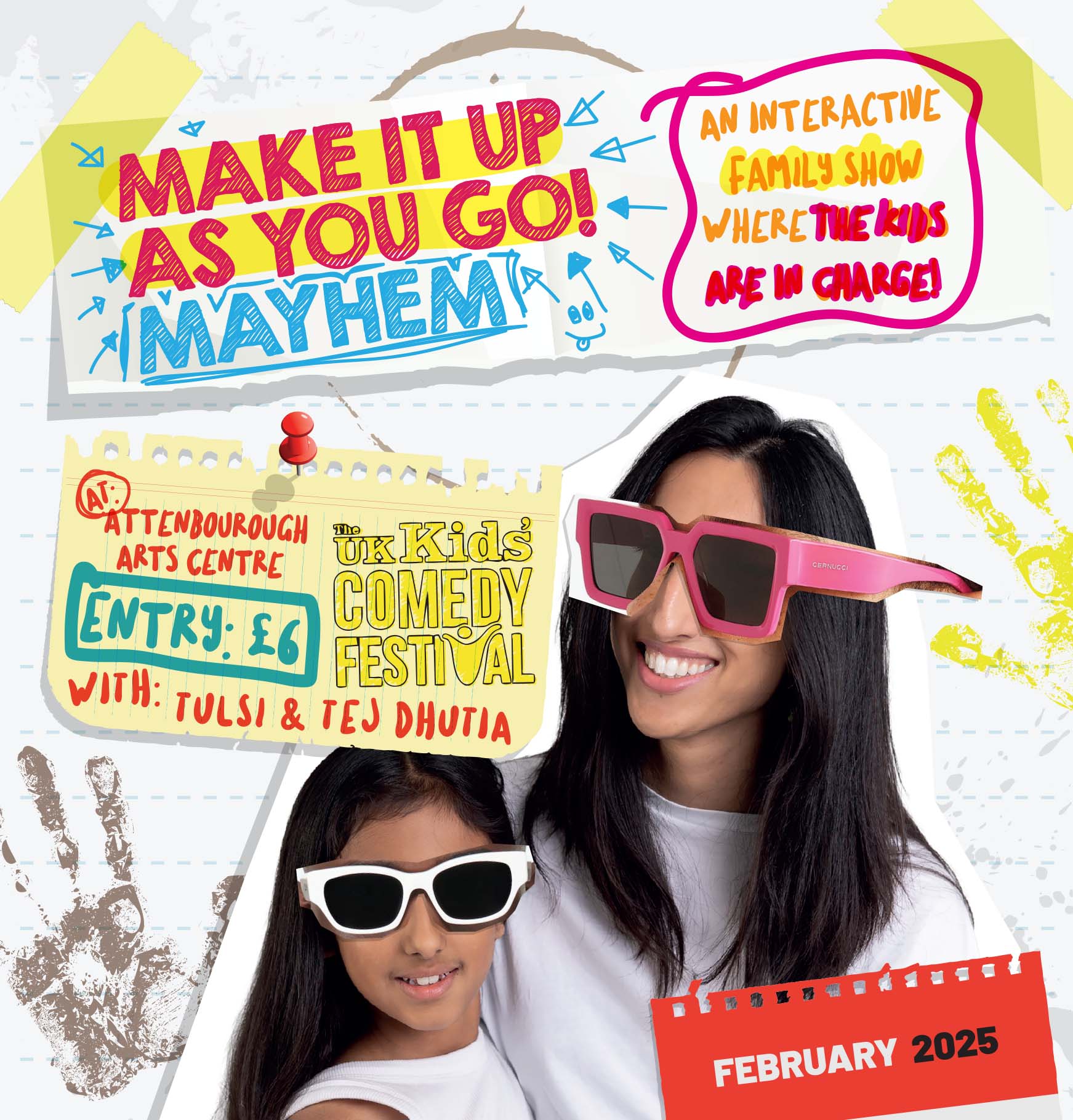 A young girl and woman smiling together, with cartoon sunglasses surrounded by colourful graphics.