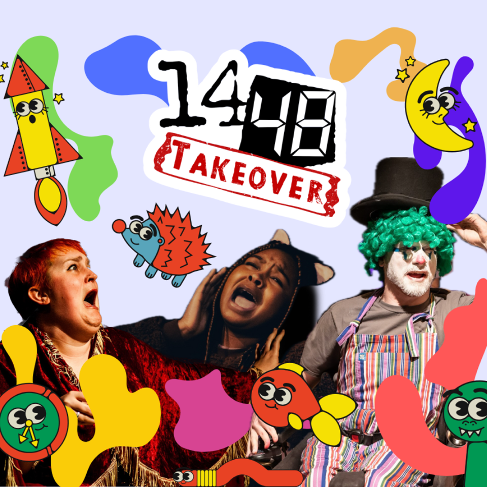 Three people in costumers shouting at each other surrounded by colourful drawings and abstract shapes. Above it says '14/48 Takeover'.